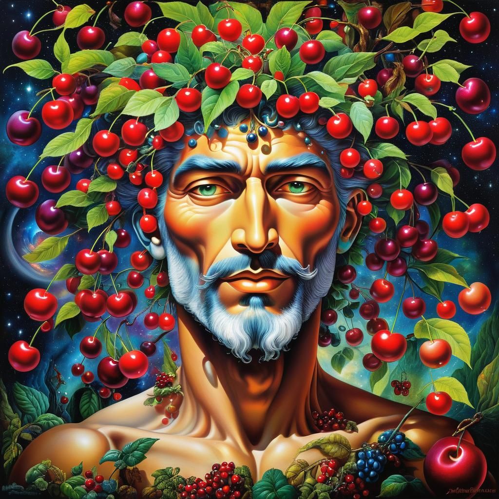 Surreal Cosmic Cherries Man: Visionary Art Style