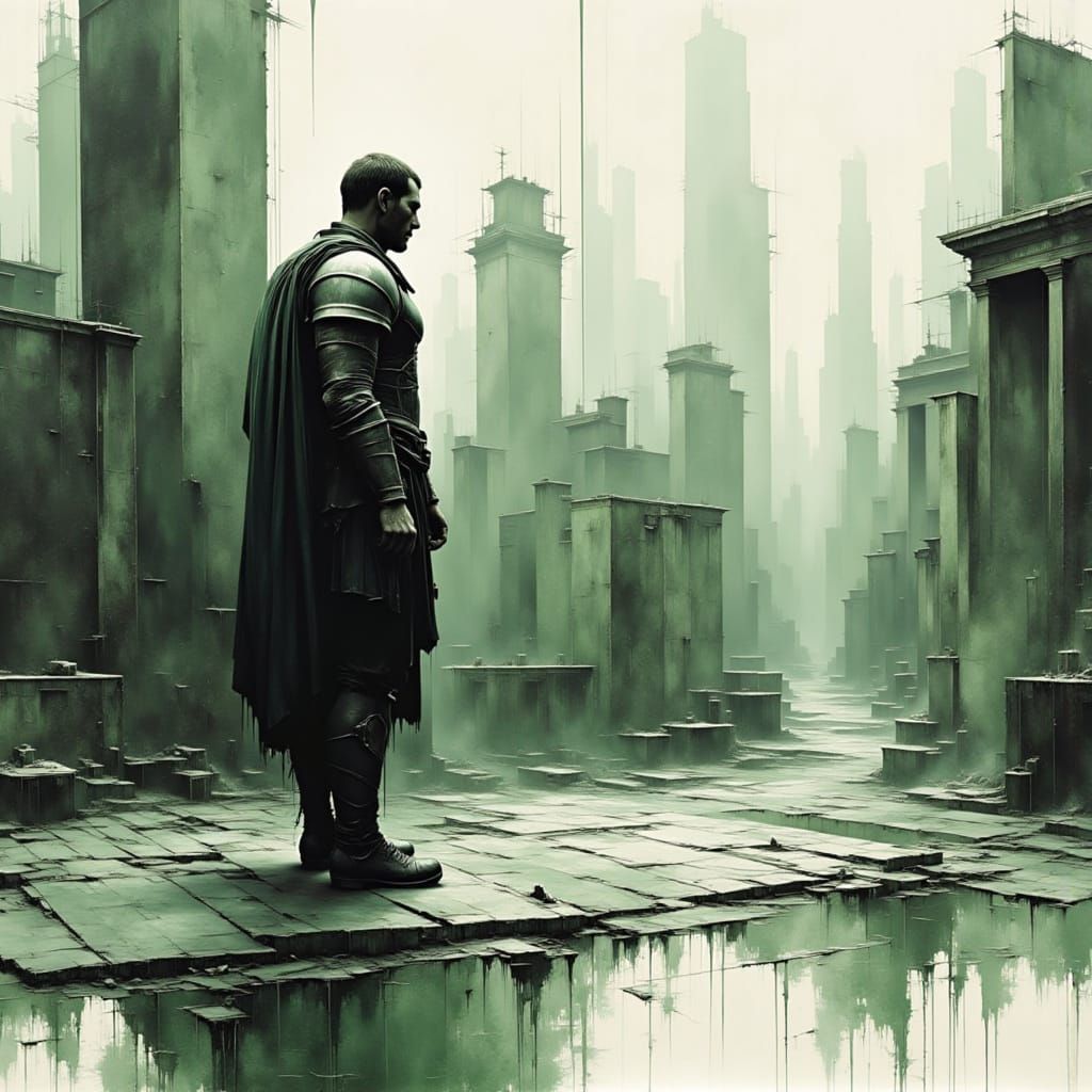 Roman Legionnaire Guards Ruins in Modern City Watercolour