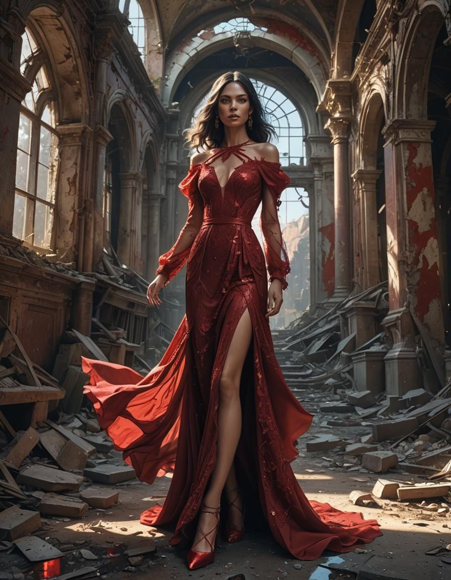 Woman in Red Dress in Apocalyptic Castle