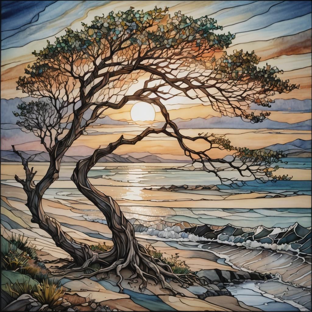 Stained Glass Tree on Windswept Coast