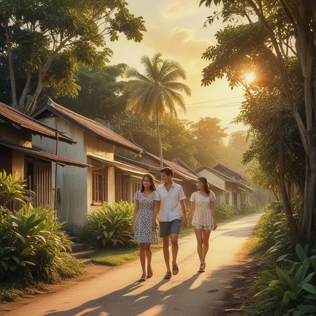 Nostalgic Kampong Scene with Couple in Retro Style