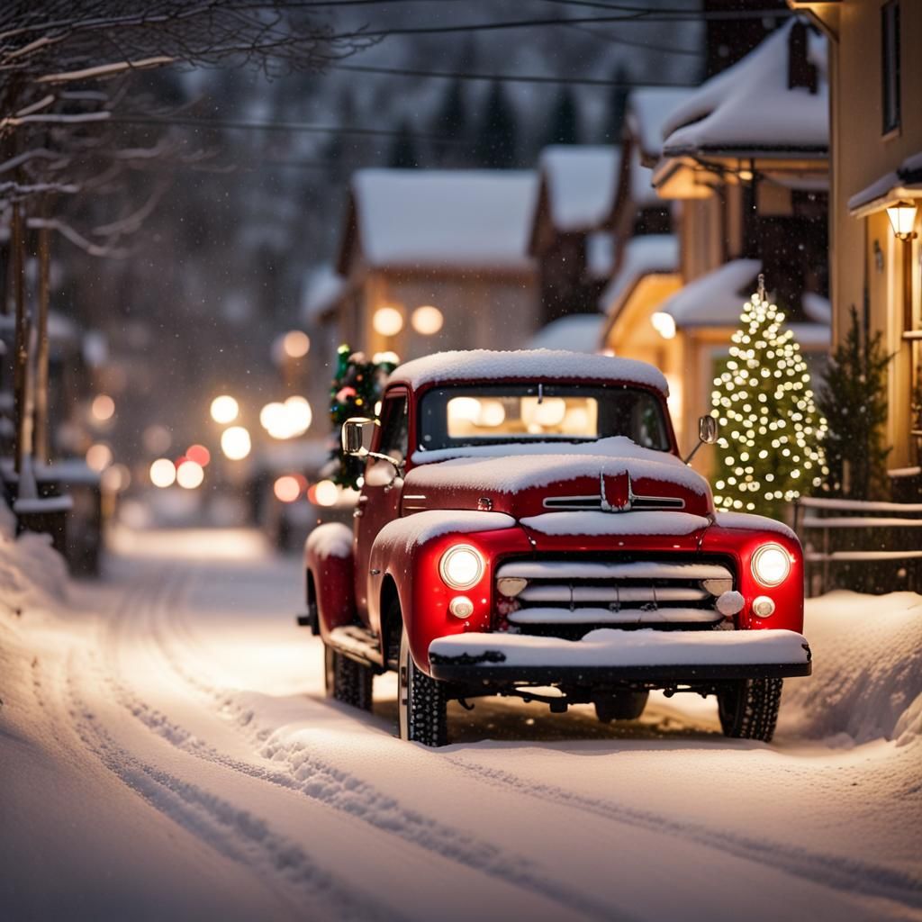Festive Christmas Town Street with Red Truck