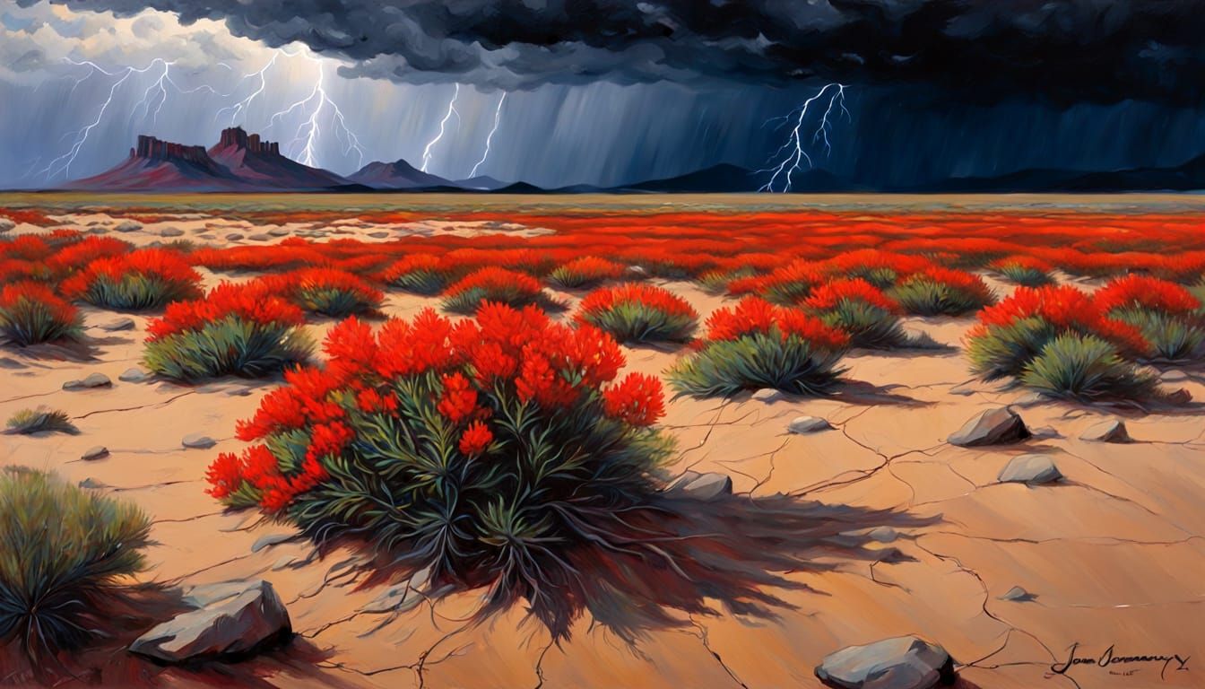 Red Indian Paintbrush growing  in barren playa, in a violent thunderstorm. Lightning, rain, dark clouds.