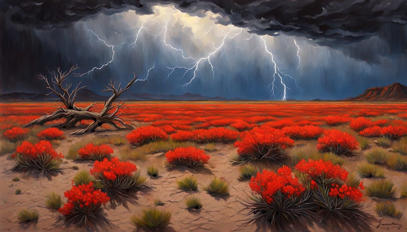 Red Indian Paintbrush growing  in barren playa, in a violent thunderstorm. Lightning, rain, dark clouds.