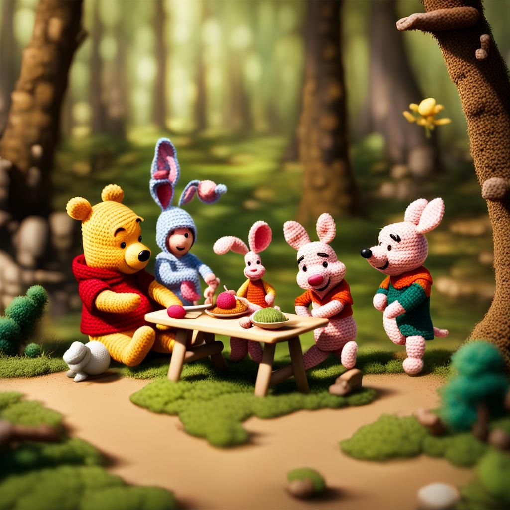 Crocheted Winnie the Pooh Picnic in the Woods