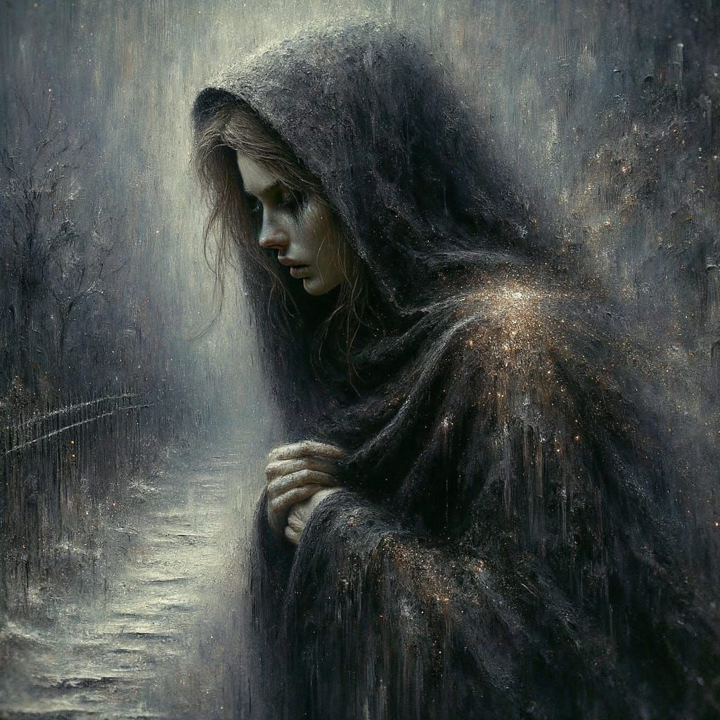 Grieving Woman in Foggy Graveyard, Dark Impasto Style
