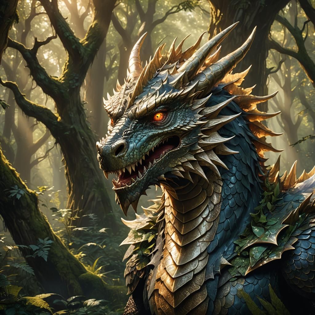 Dragon Head in Mystical Forest: Fantasy Concept Art