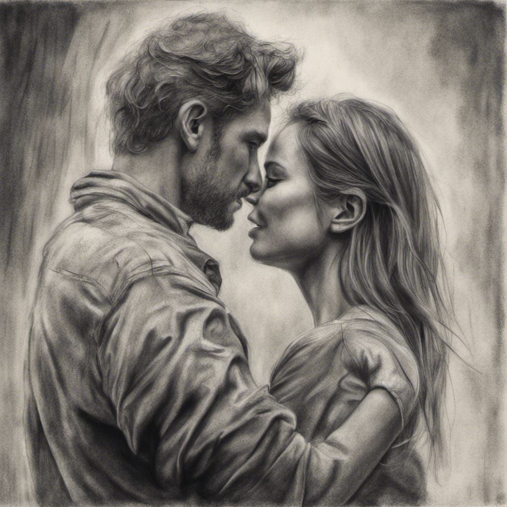 Passionate Embrace Captured as Charcoal Drawing