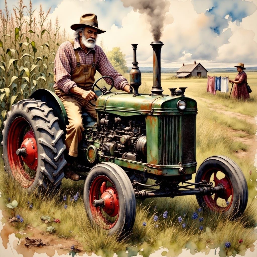 Farmer with Steam Tractor in Cornfield, Rustic Realism