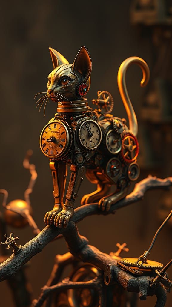 Vintage-Style Mechanical Cat Sculpture in Brass, Copper, and...