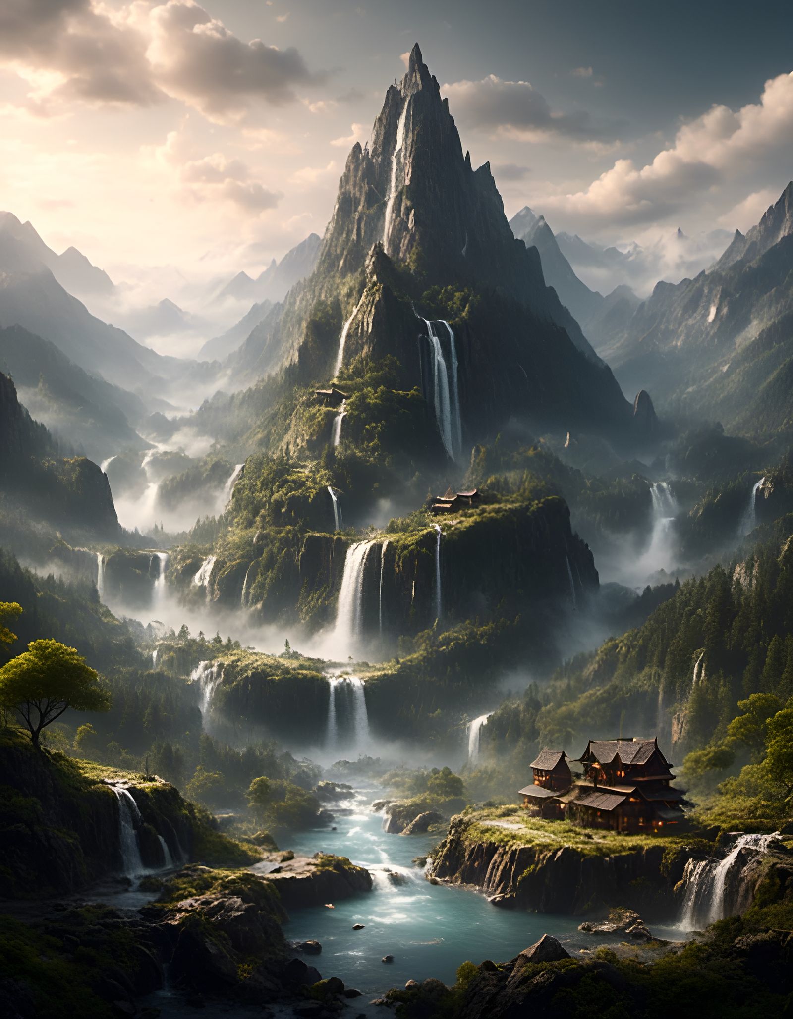 Animated Waterfall Scene in Mountain Landscape
