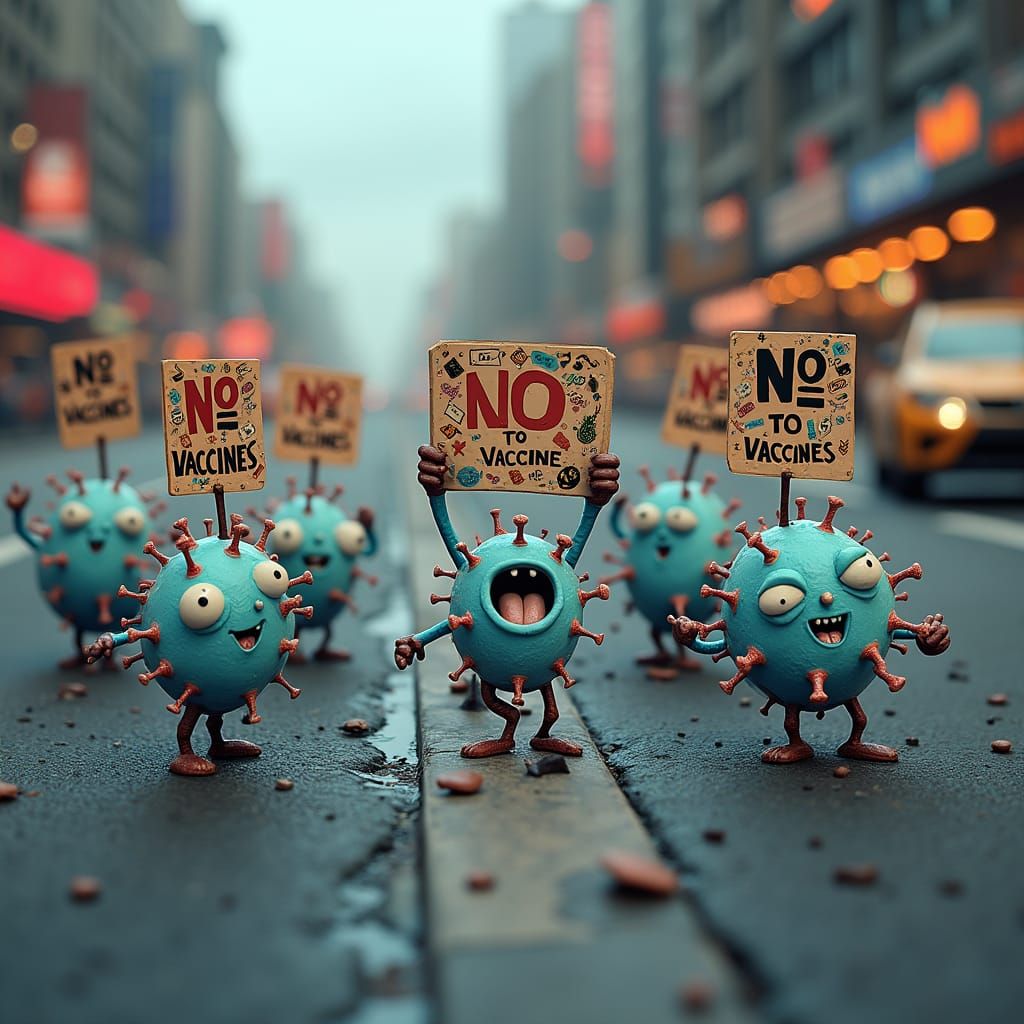 Virus Cells Protest Vaccines in Futuristic Cityscape
