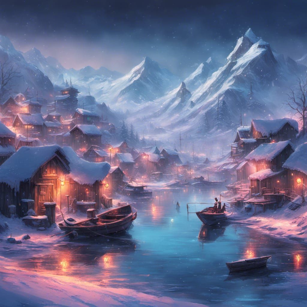 Icy Winter Fishing Village in Synthwave Style