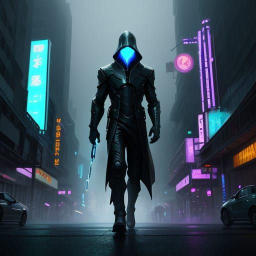 Ghostly Figure in Eerie Futuristic City Streets