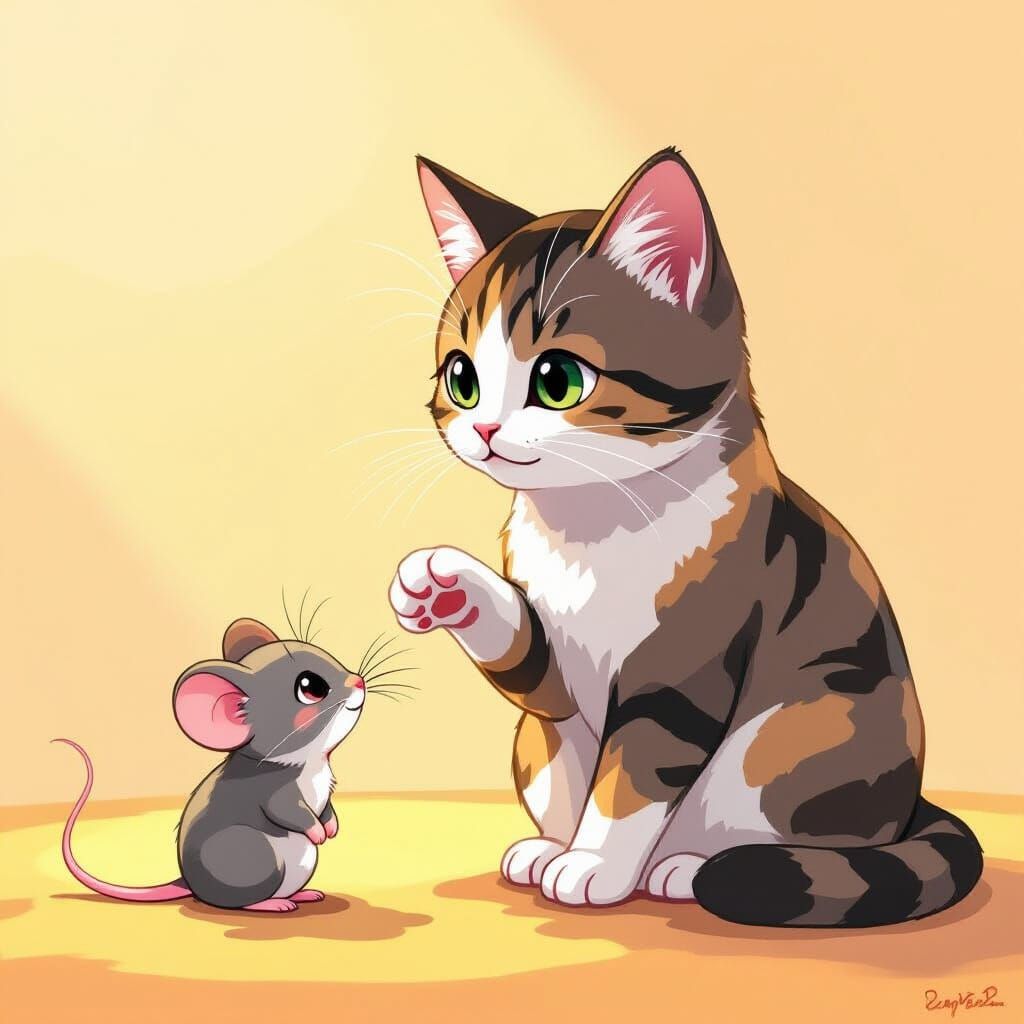 Adorable Cat and Mouse Friendship in Anime Style