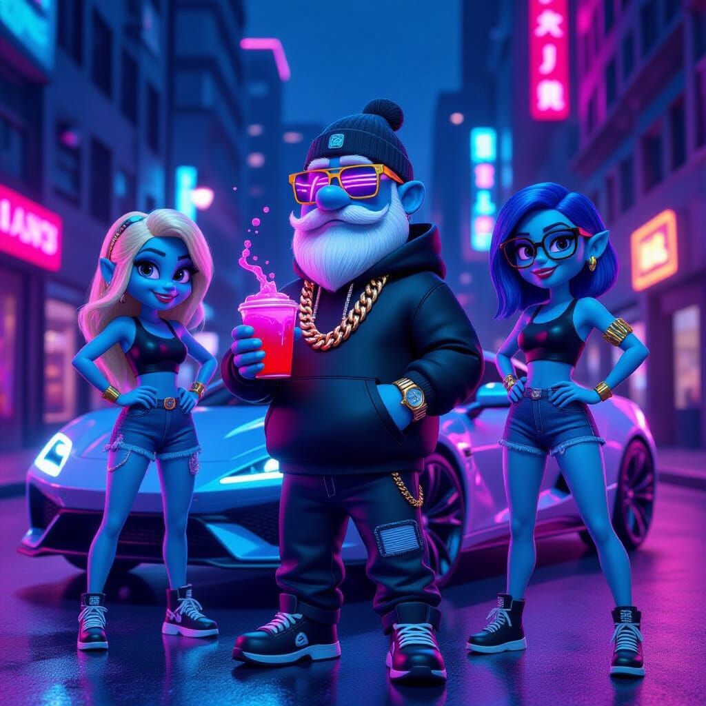 Pixar-Cyberpunk Smurf-Style Characters on Neon Street