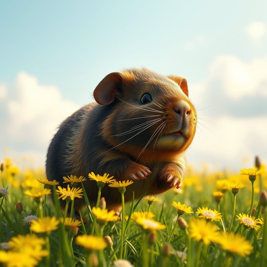 Guinea Pig's Joyful Run Through Dandelions