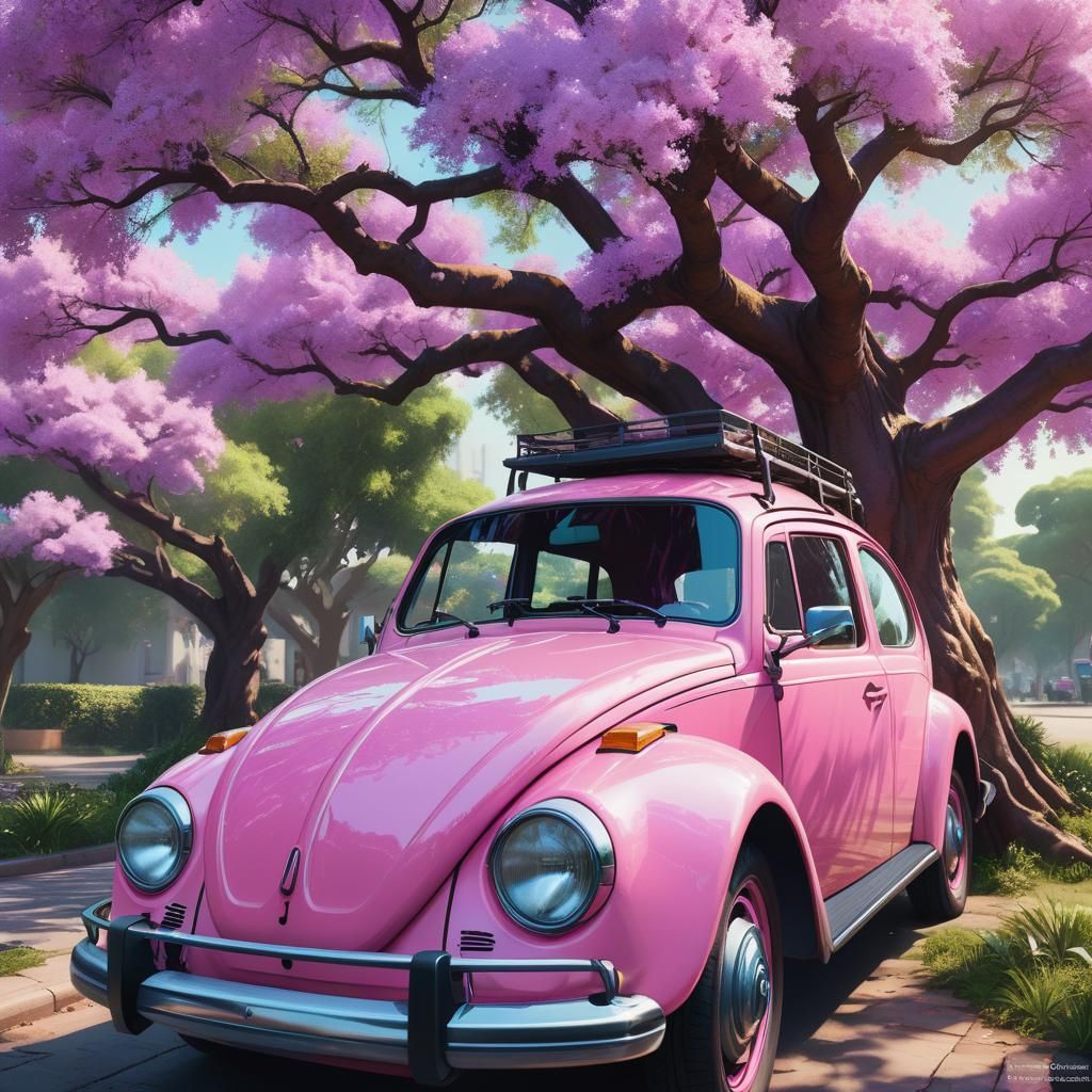 Pink Volkswagen Under Jacaranda Tree: Hyperdetailed Art