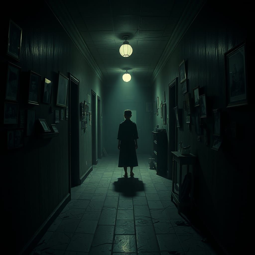 Eerie Hallway Scene in Dark Digital Art Style