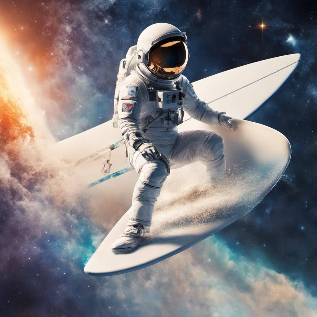 Astronaut Surfing on Rocket Board in Space
