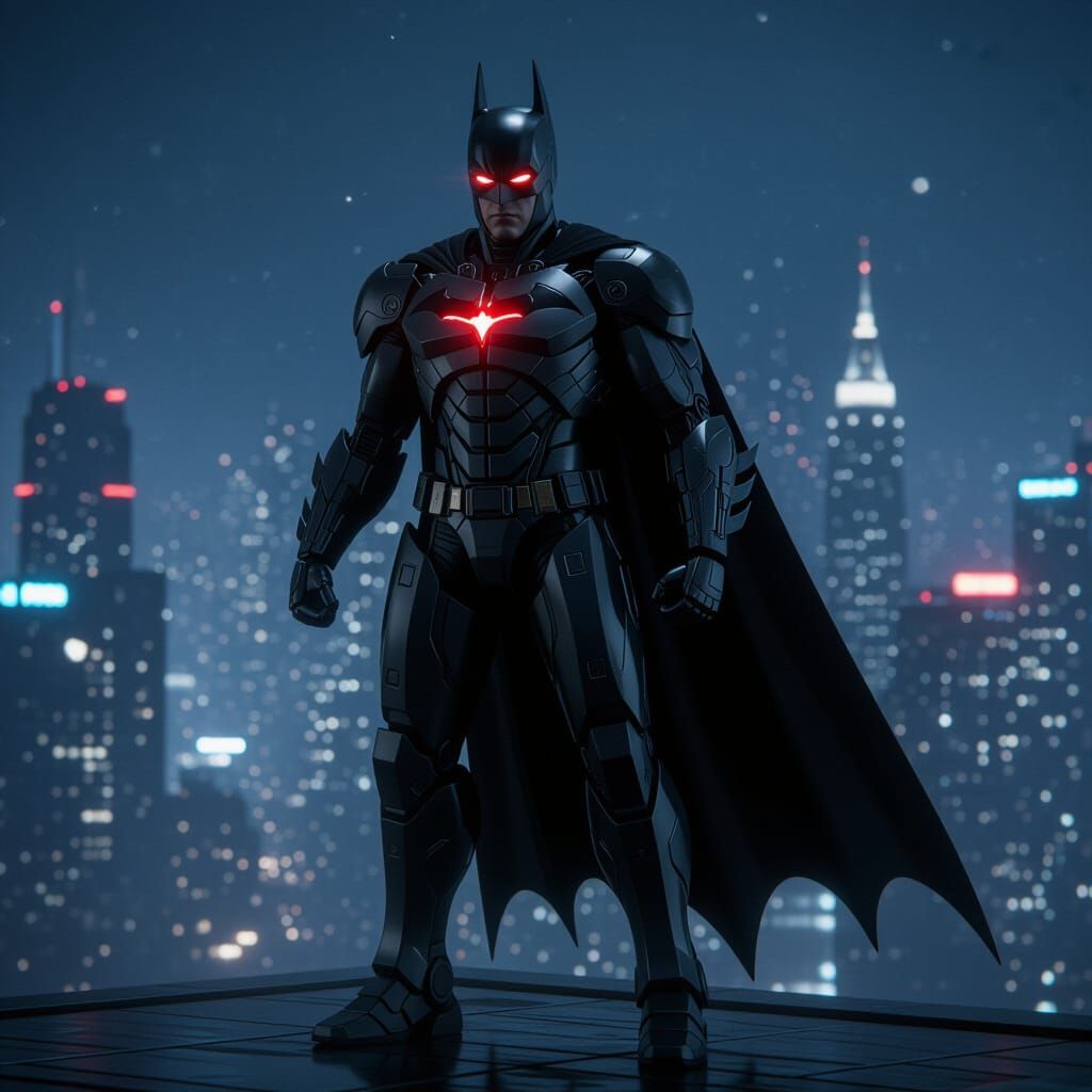 Batman Robot Overlooks Futuristic Cityscape