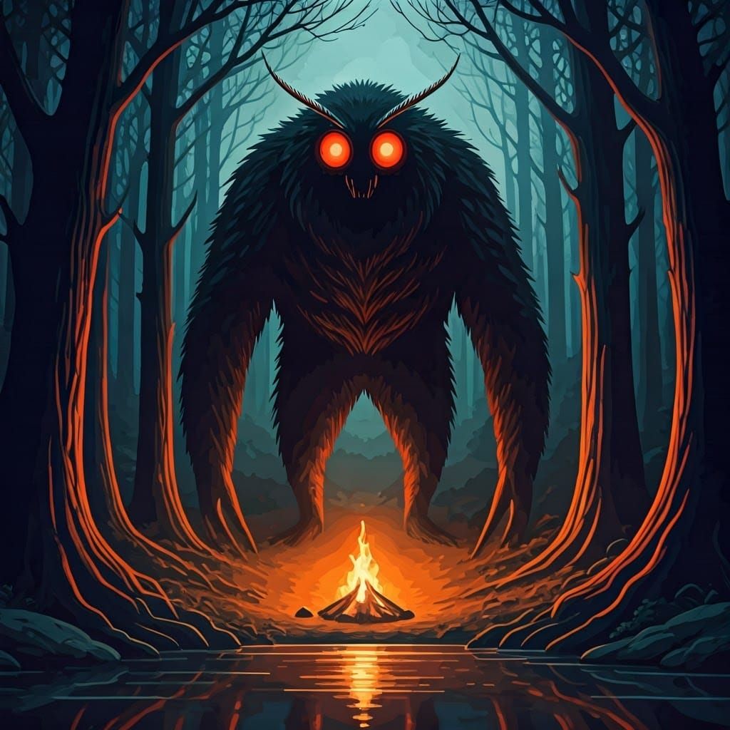 Mysterious Mothman in Forest, Watercolor Painting