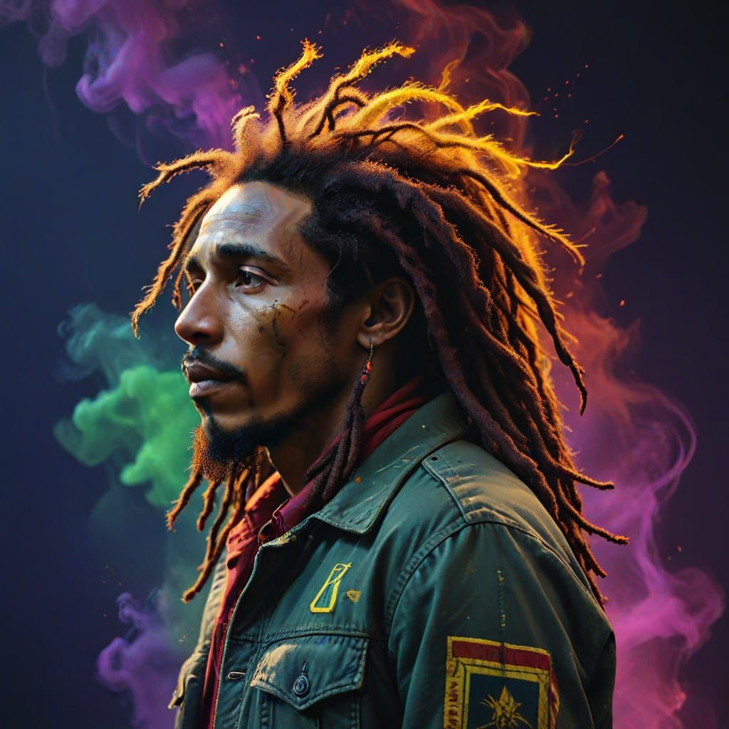 Bob Marley in Vibrant Cyberpunk Silhouette