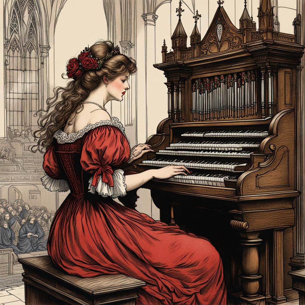 a plump red-faced disheveled woman playing the church organ ...