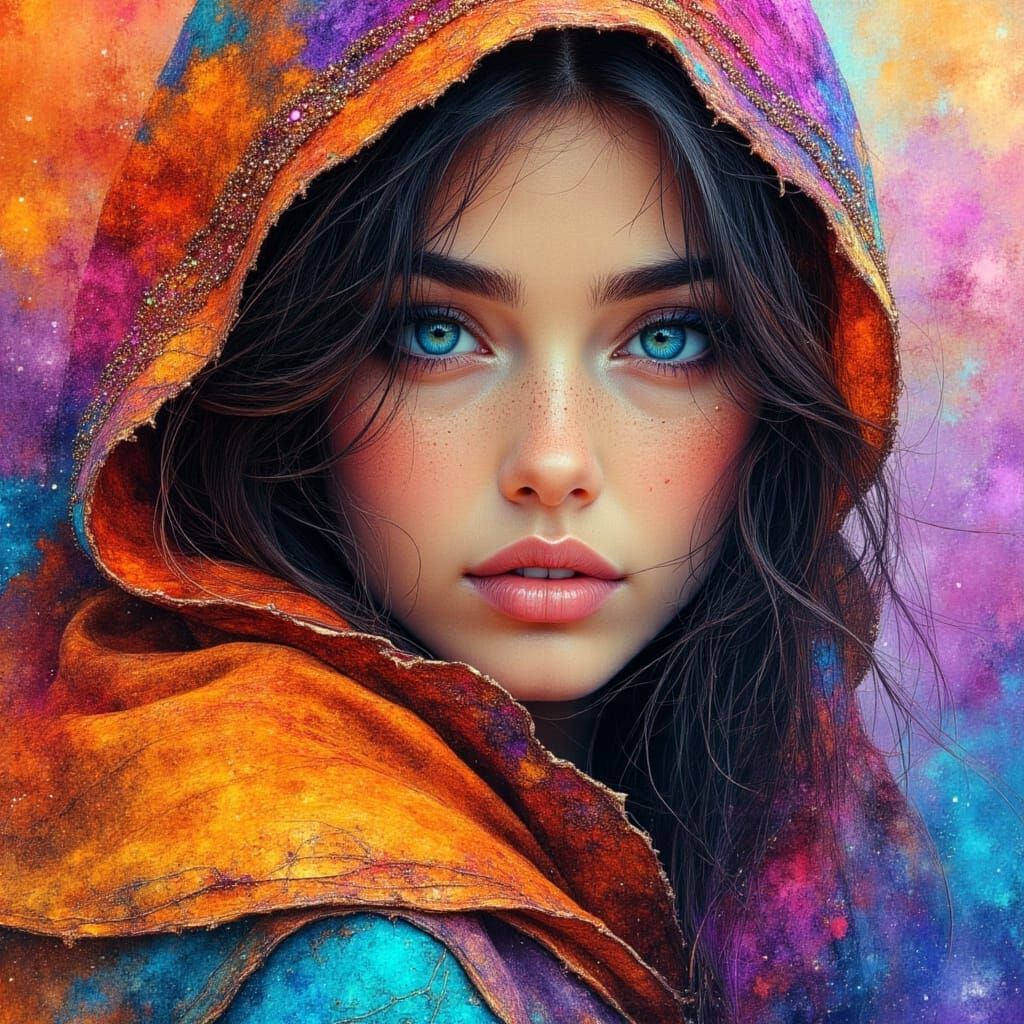 Hooded Woman Portrait in Bohemian Hand-Drawn Style
