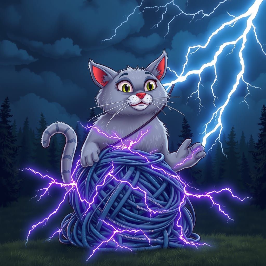 Giant Gray Cat Unleashes Electric Fury in Thunderstorm