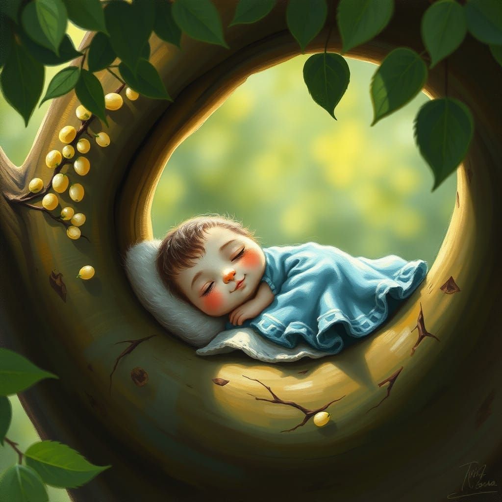 Dainty Fairy in Gilded Acorn Grotto Amidst Morning Dew