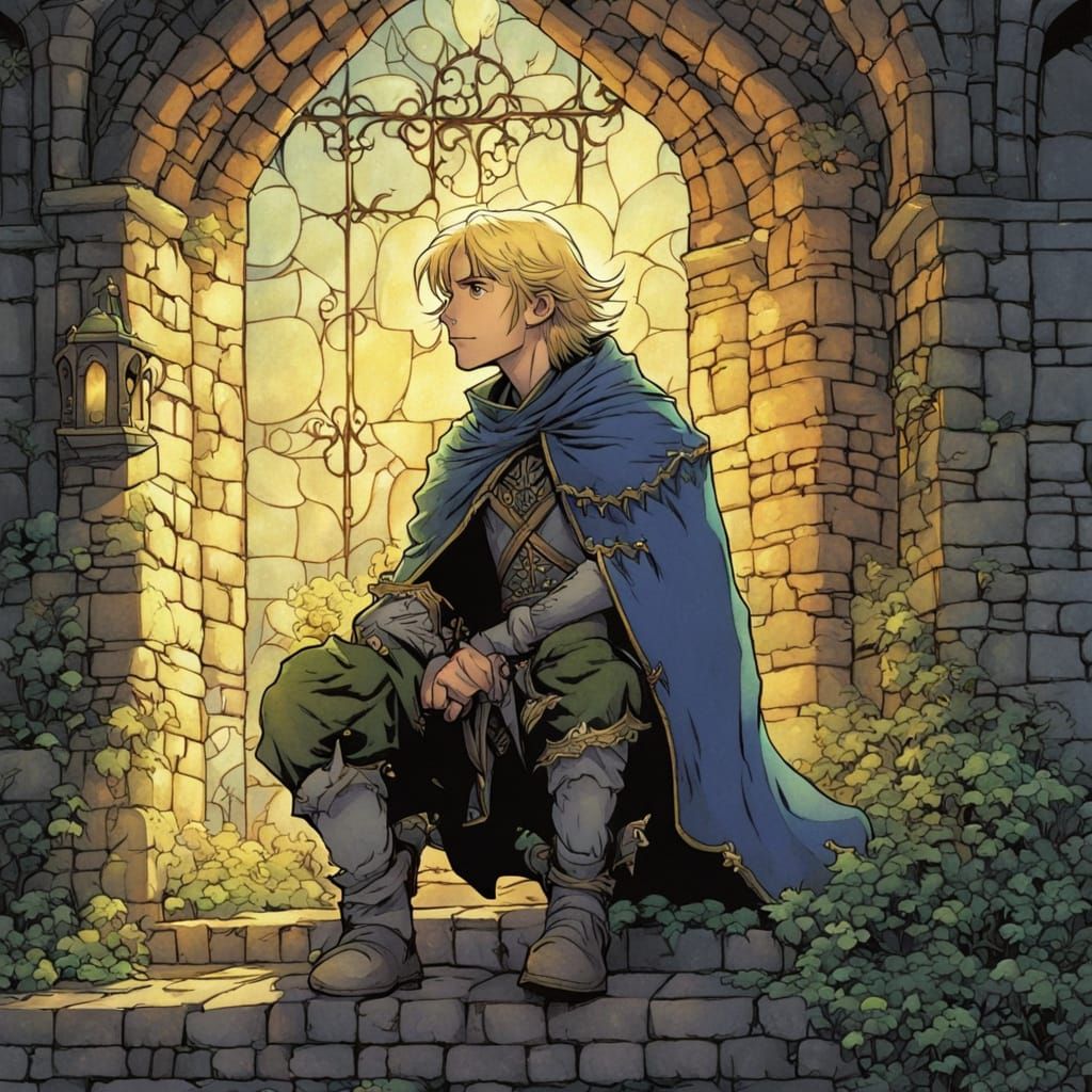 Luminous Blond Boy Paladin in Anime Style Castle