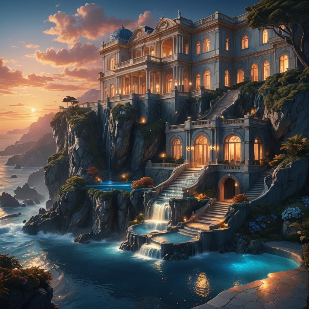 Cliffside Mansion at Nightfall: A Matte Painting