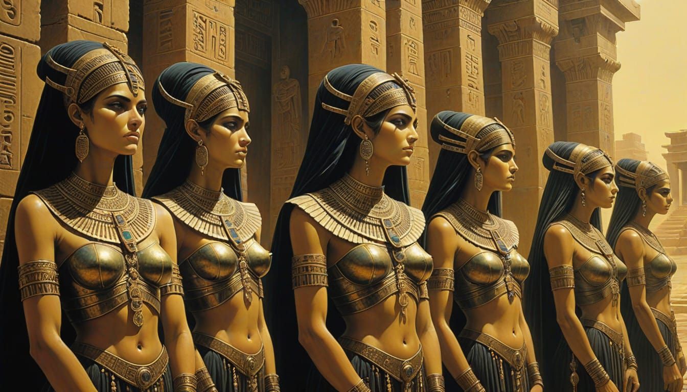 Elegant Priestesses in Ancient Temple Courtyard