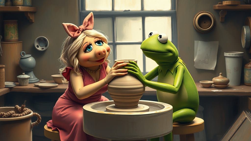 Miss Piggy and Kermit Create Pottery in Romantic Style