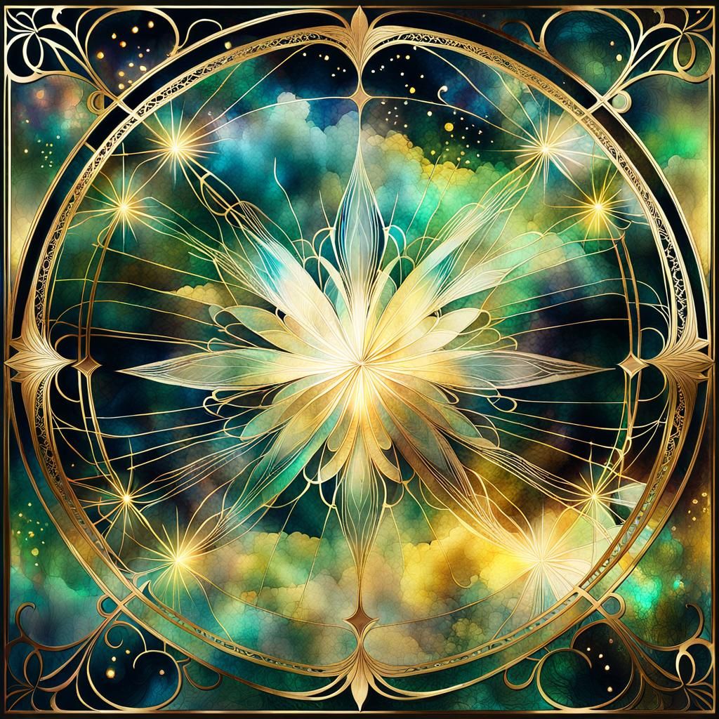 Ethereal Figures Connected by Light: Mixed Media Art