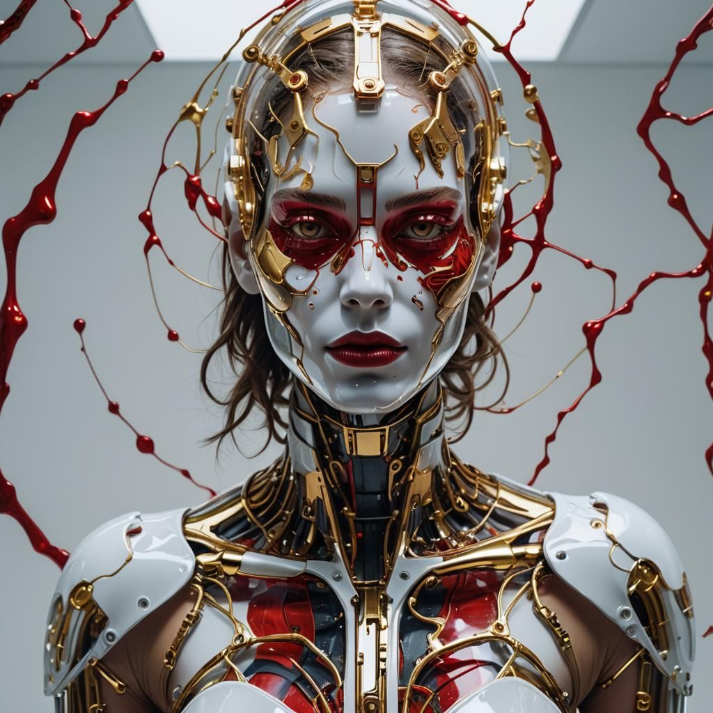 Surreal Female Cyborg with Glass Head and Ink Art