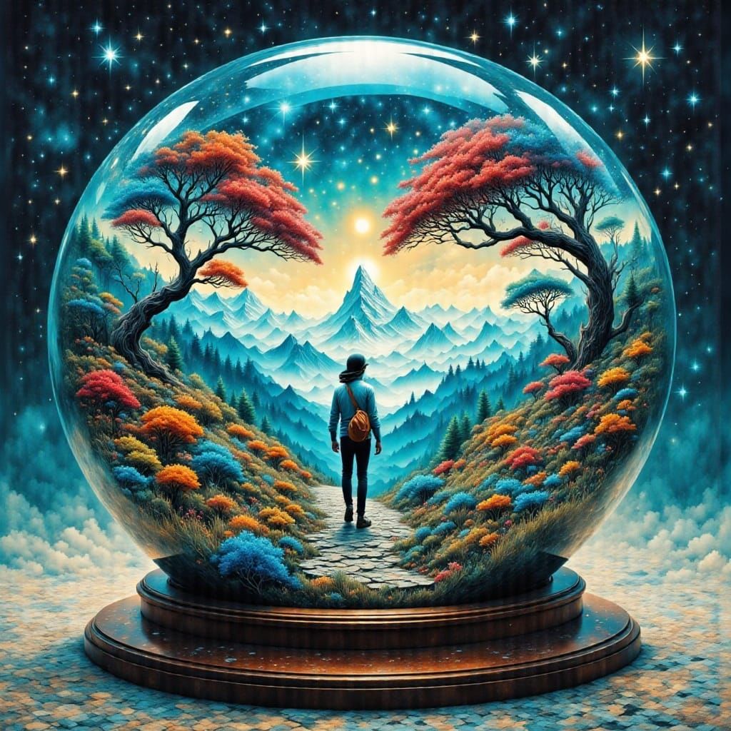 A traveler wandering through a landscape inside a huge glass paperweight with blue and red flowers. <lora:Abstract Reali...
