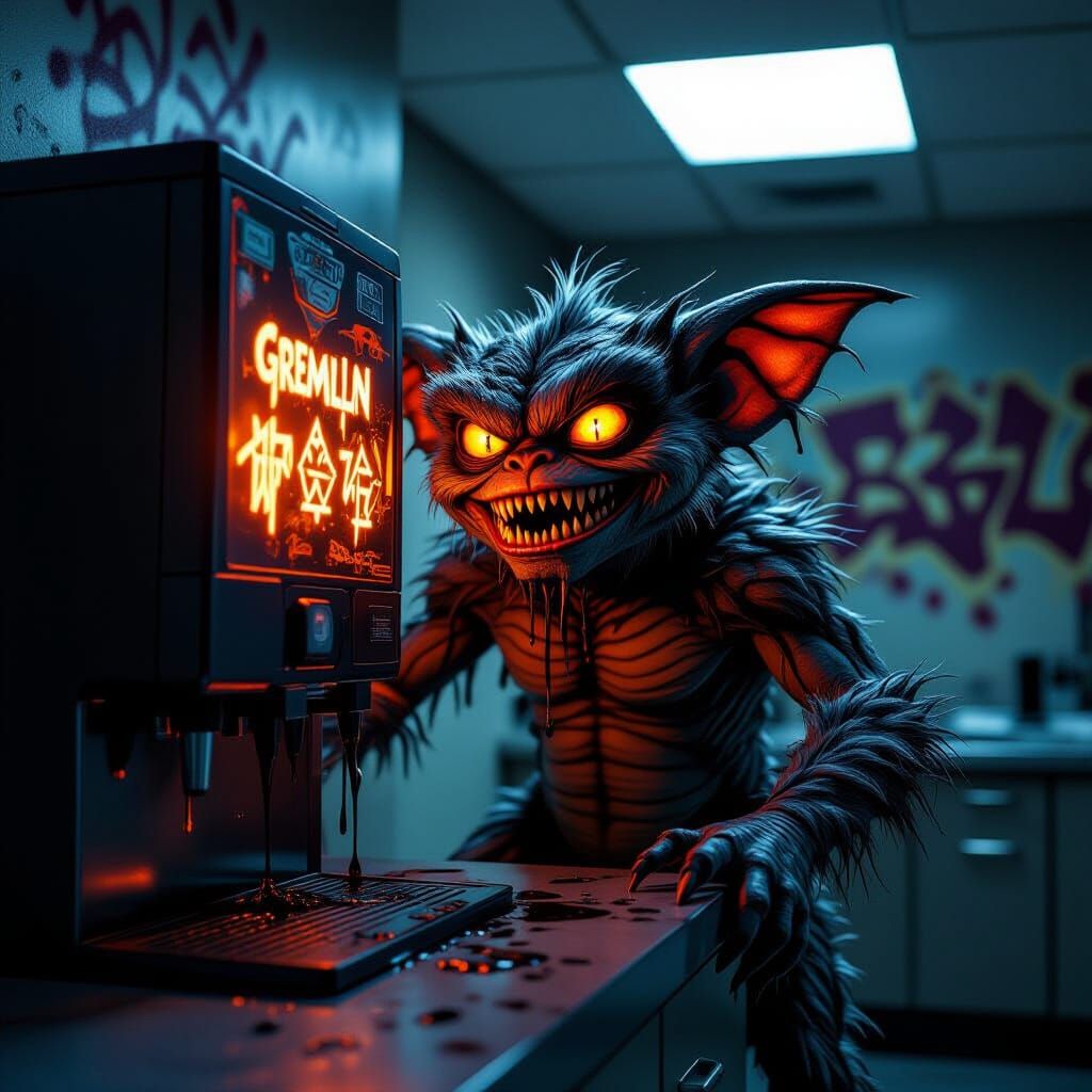 Hyper-Realistic Gremlin Horror in Office Breakroom