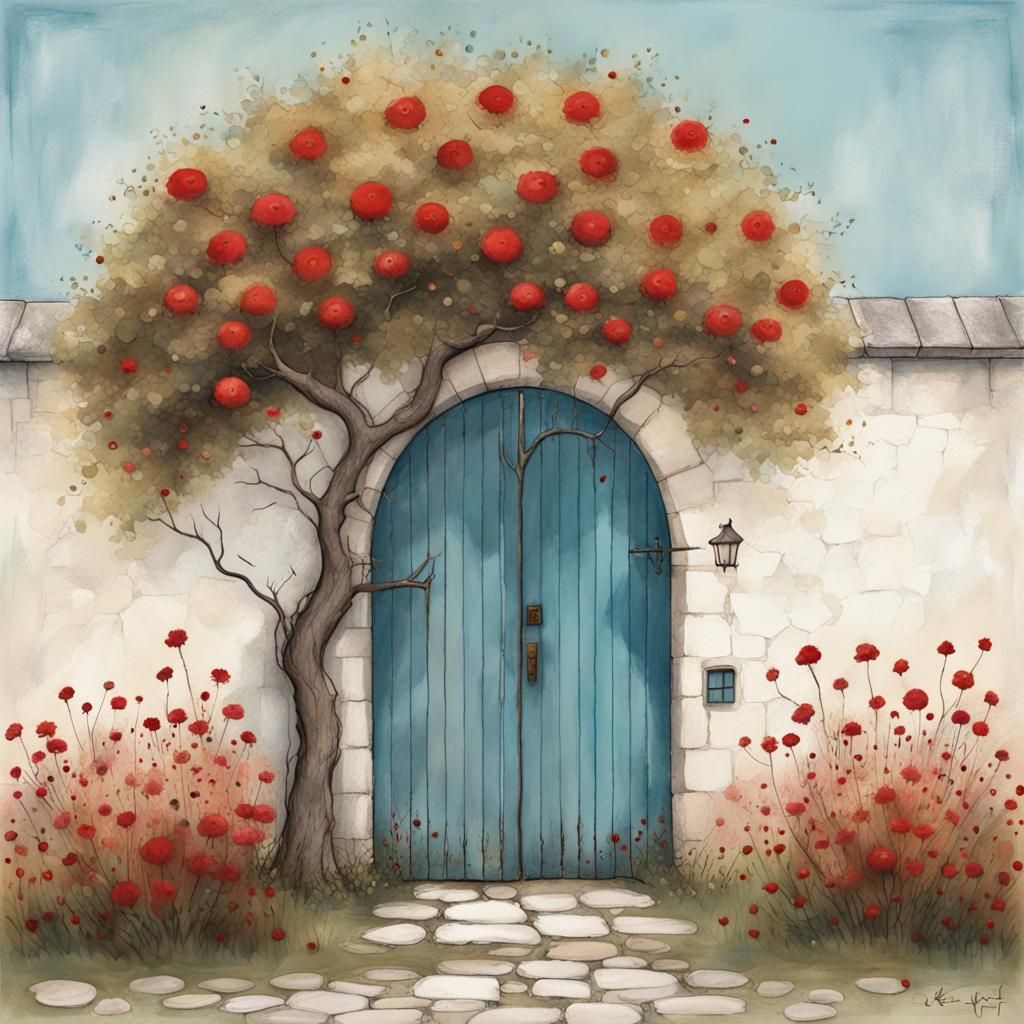 Tree with Red Flowers in Dreamy Pastel Style