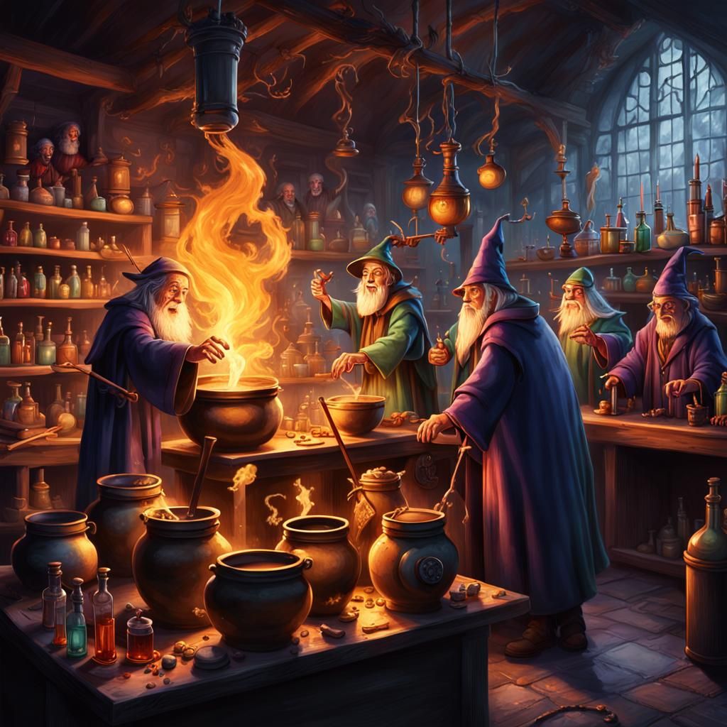 Potions Class: Wizard Professor Brews Magic Potion