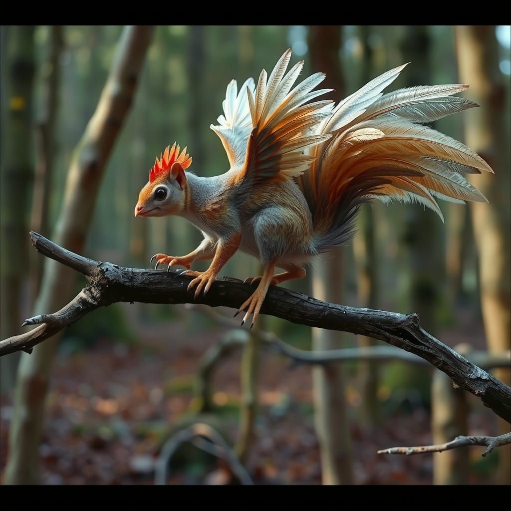 Whimsical Squirrel Chicken Takes Flight in Mystical Woods