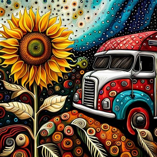 Fantasy Truck Painting with Sunflowers and Abstract Details
