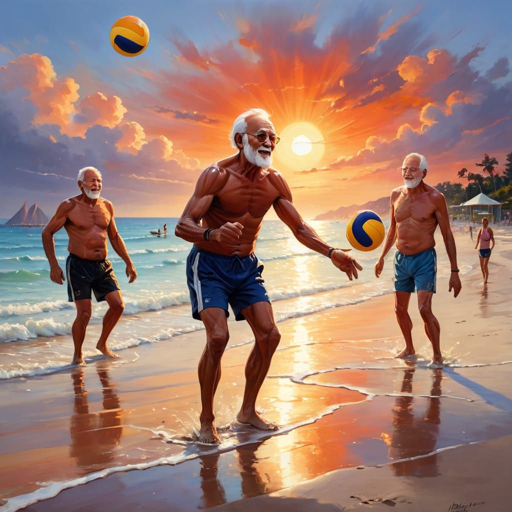 Seniors Beach Volleyball Game: Oil Painting of Joyful Sport