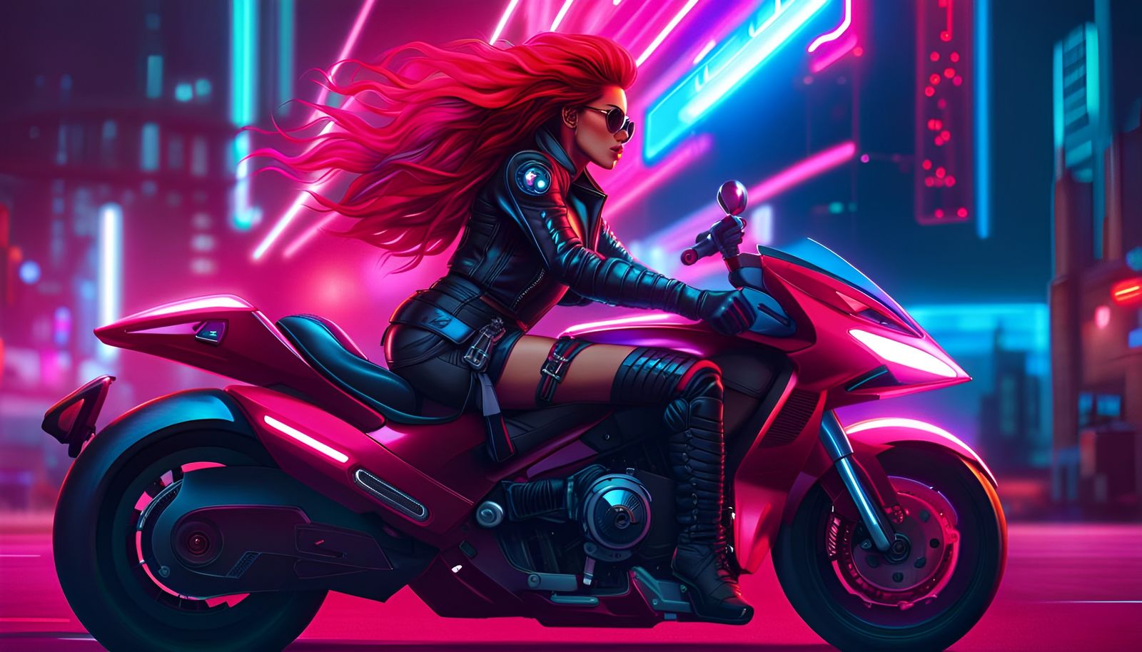 Cyberpunk Biker Girl on Synthwave Motorcycle