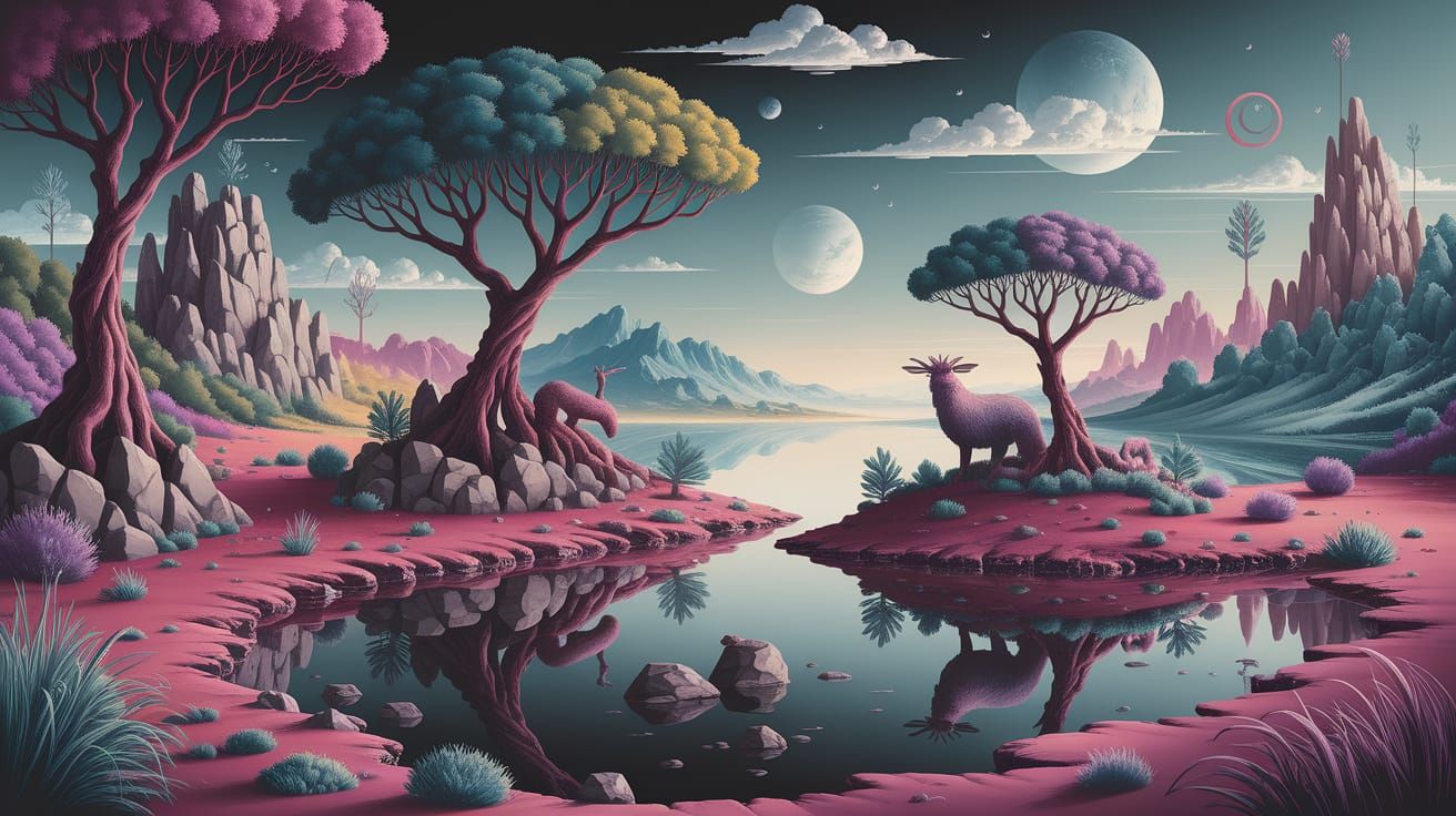 Dreamlike Landscape in Vibrant Colors and Contrasting Tones