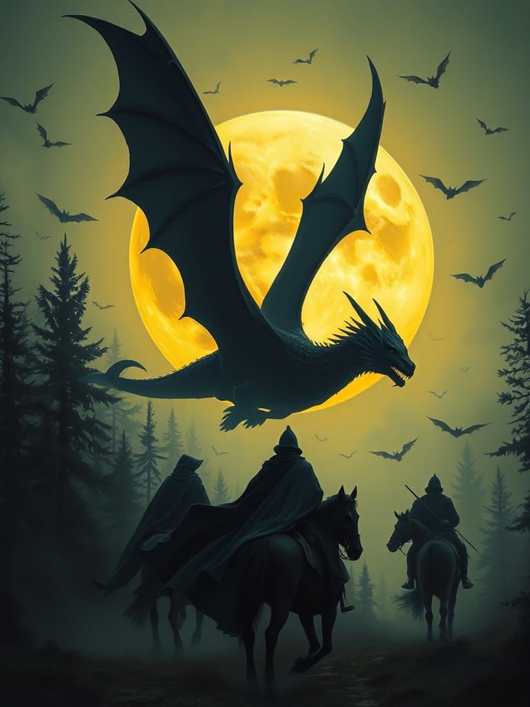 Dragon Silhouette Soars Over Misty Forest, Oil Painting