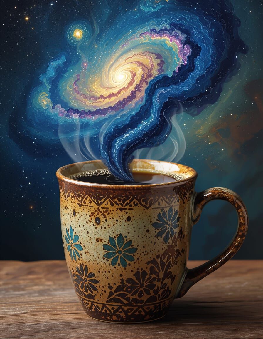 Cosmic Coffee Nebula Erupts from Ornate Mug