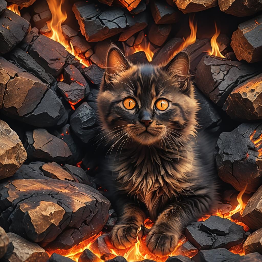 Kitten Curled by Fire: Hyperrealistic Digital Art