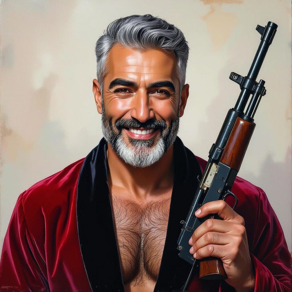 Joyful Man in Velvet Robe Holding Machine Gun in Autumn Fore...